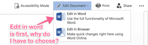 Their online interface shows edit in Word as your first option with edit in 'browser' as the second option.
