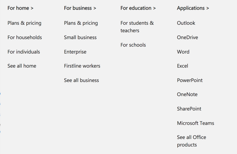 Microsoft's menu for Office products as of September 2018.