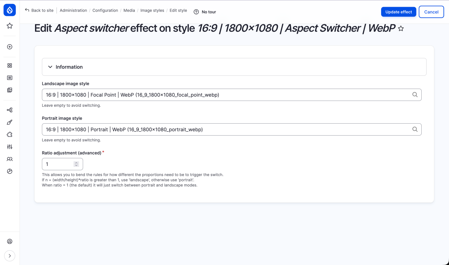 Editing an image style with aspect switcher.