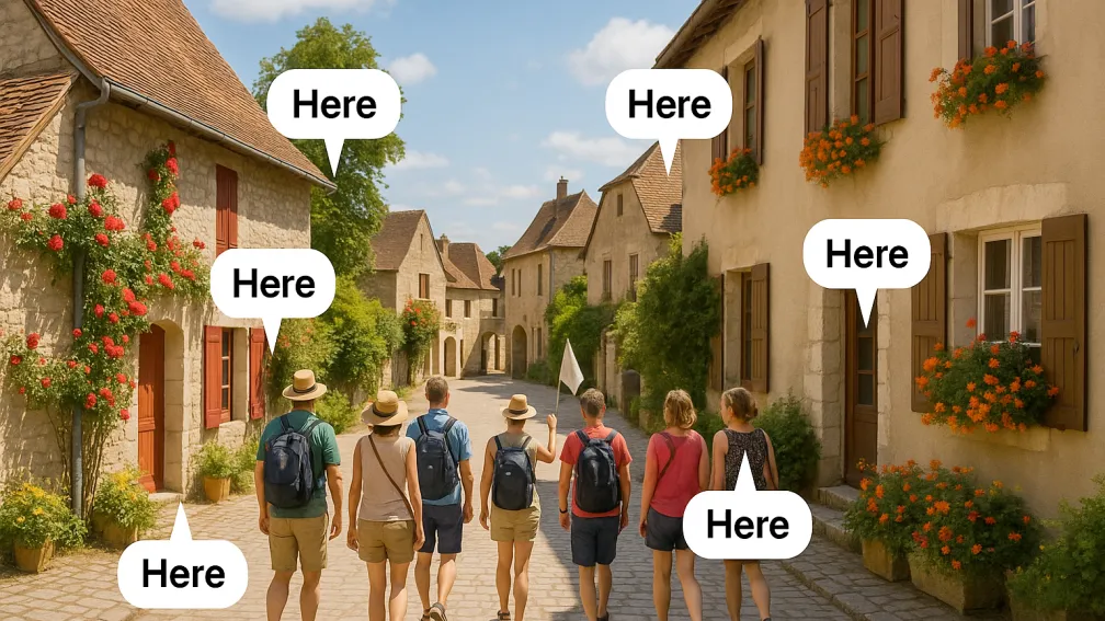 People on a tour of a village surrounded by tooltips telling them what is interesting.