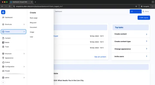 Drupal CMS installs quite a bit by default which is evident in the "create" menu item.