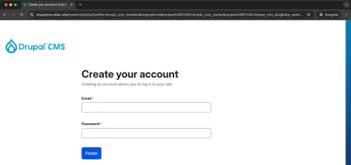 Drupal CMS installer asks you to create the first user account.