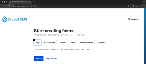 Screenshot of the Drupal CMS installer with the blog content type selected.