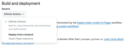 Select the option for Github Actions with the Github Pages configuration.