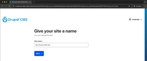 Drupal CMS installer asks you to give your site a name.