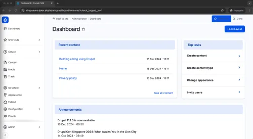 Drupal CMS has an attractive and simple new dashboard.