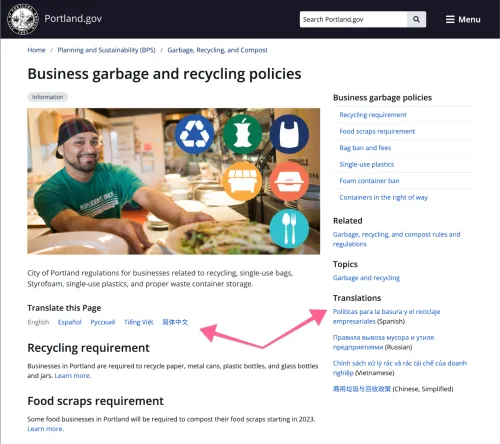 Portland.gov uses two different approaches for translation menus: translate this page links with language labels and the translated titles for each language.