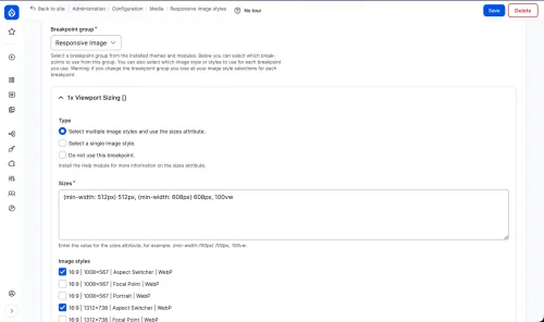 Responsive image style definition to use srcset alternates based on viewport width.