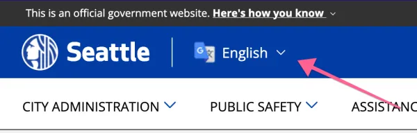 Screenshot of Seattle.gov header with a Google Translate dropdown displaying 'Select Language' in English only, illustrating that users must read English to access translations