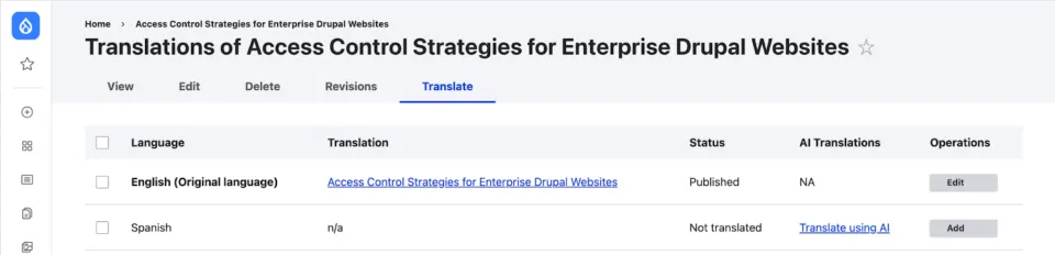 Screenshot of Drupal CMS content translation form showing a 'Translate using AI' button alongside the traditional translation fields