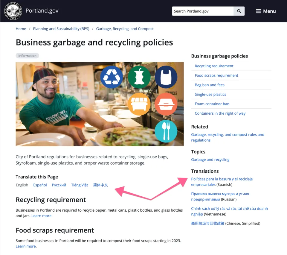 Screenshot comparing two Portland.gov translation interfaces: a sitewide language dropdown in the header, and in-page translation links showing available language versions with translated titles